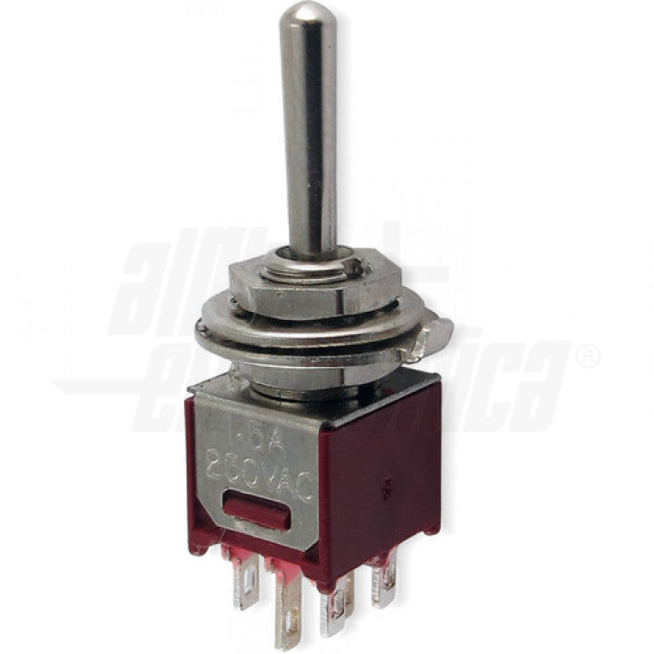 INTERRUTTORE DEVBIATORE SUBMINIATURA 2P -DPCO - ON/OFF/ON - 1.5A@250V - 6 TERM.A SALDARE