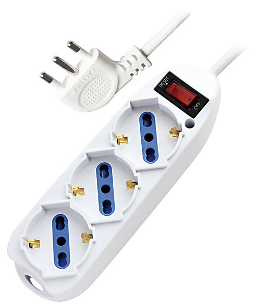 MULTIPRESA 3 PRESE SCHUKO/BIPASSO - SPINA 10A (2P+T) 90° + INTER. con Protezione da Sovraccarico, 2500W