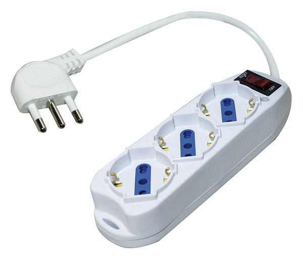 MULTIPRESA 3PR. SCHUKO/BIPASSO - SP.16A 90° + INTER. con Protezione da Sovraccarico, 3500W, Cavo 3m