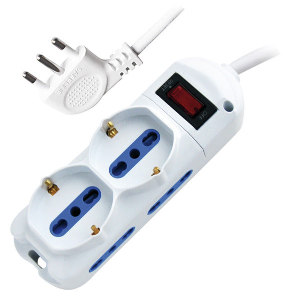 MULTIPRESA 2PR.SCHUKO/BIPASSO+4PR.BIVALENTI-SP.10A(2P+T) 90°+INTER. Protezione da Sovraccarico,2500W, Cavo 1.5m