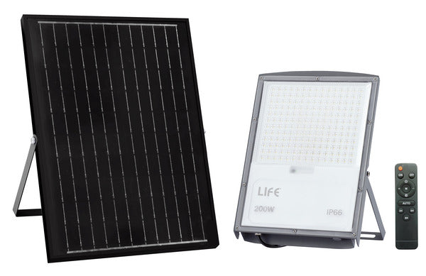 PROIETTORE LED FB4-200, IP66, 90°,3000K/4000K/6500K, LM2400, CRI80, Dimmerabile, Pannello Solare 20W, Batt.3,2V 18Ah, 350x245x30mm