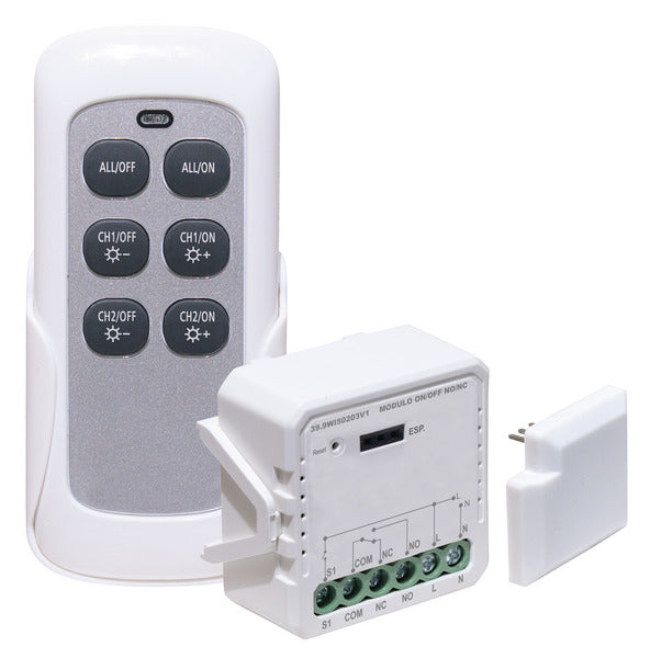 KIT Modulo 1CH Relè ON/OFF uscita contatto pulito COM/NO/NC, 150W LED, 1125W Incandescenza, Wireless+RF 2,4GHz, pulsante/interruttore cablato, con ricevitore e radiocomando, In. 230V~, Smart LIFE V1