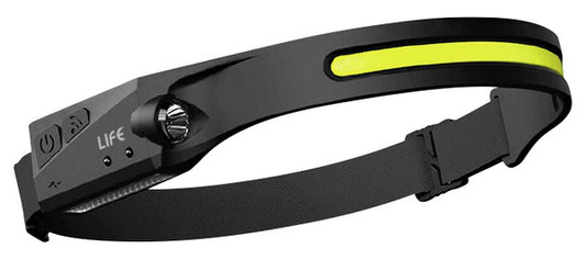 TORCIA FRONTALE FASCIA TESTA MANI LIBERE, BAT.RICARICABILE Li-ION 1200mAh, LED COB 5W+1W (350+60 lumen), CON CAVO USB-C