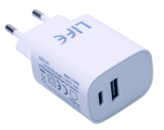 ALIMENTATORE SWITCH 2 Porte USB, TIPO C e TIPO A, 20W 5V 3A max, 110/220Vac, BIANCO