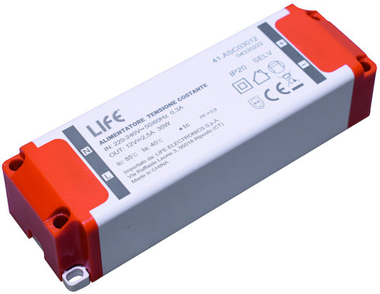 ALIMENTATORE GUSCIO IP20 Out: 12V 2,5A 30W In: 230Vac