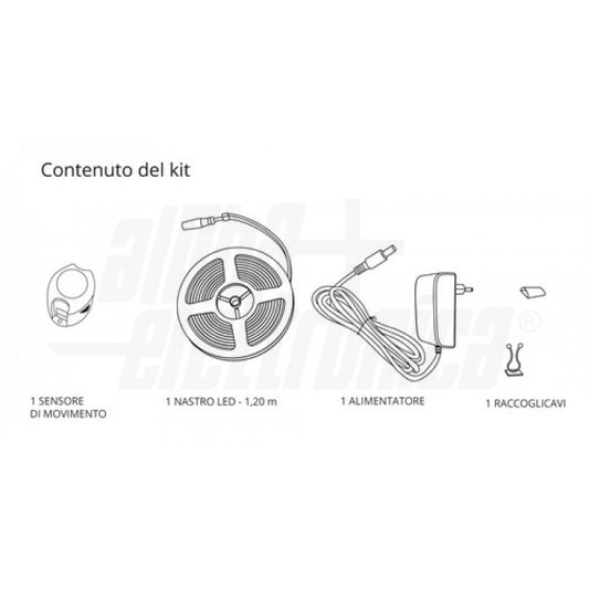 KIT STRISCIA A LED BEDlight 1,2m 24Vdc SINGOLO C/ALIMENTATORE E SENSORE DI MOVIMENTO Plug and play