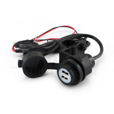ADATTATORE USB CON DUE USCITE USB - 5Vdc 2,1A Max. - INGRESSO 12-28V CON CAVO D'INGRESSO PER APPLICAZIONI MOTOCICLISTICHE