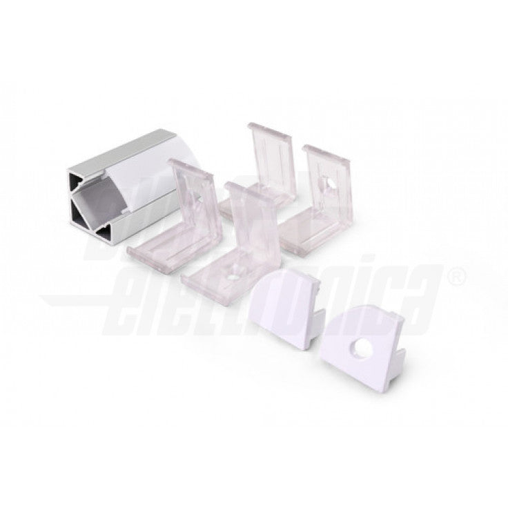 PROFILO IN ALLUMINIO ANODIZZATO ARGENTO AD ANGOLO CON COPERTURA IN PC OPACA PIANA - 2m - ACCESSORI INCLUSI