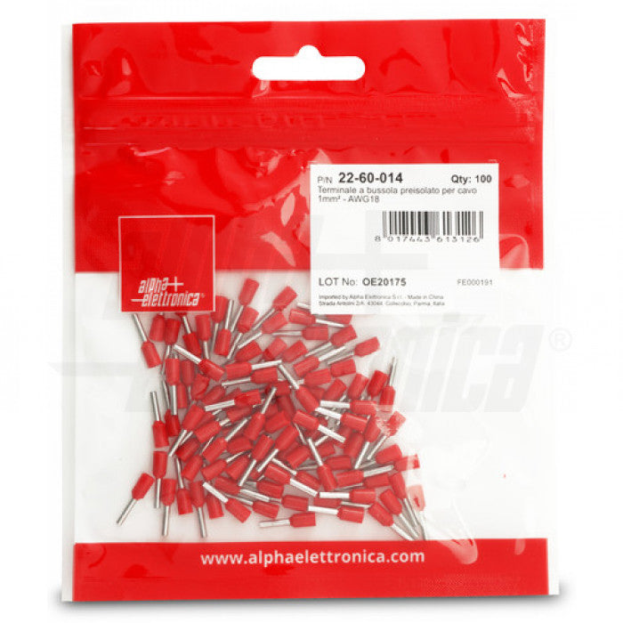 TERMINALI A BUSSOLA PREISOLATI PER CAVO 1mm² - AWG18 - Rosso