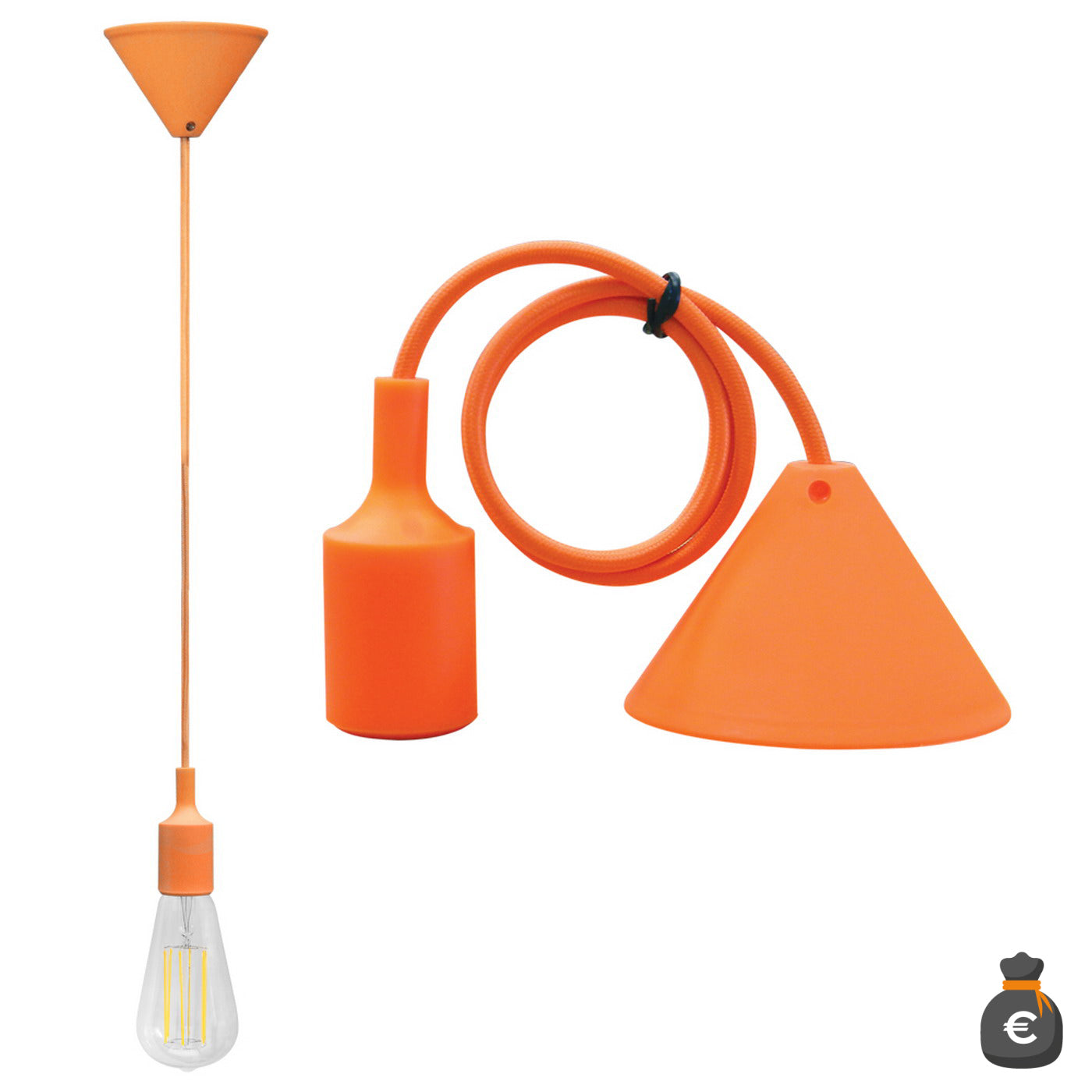 PENDENTE SOFFITTO CON CAVO+PORTALAMPADA E27 ARANCIONE