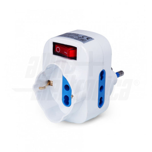ADATTATORE CON 2 PRESE BIPASSO E 1 PRESA BIPASSO/SCHUKO CON SPINA 16A GIREVOLE - INTERRUTTORE TERMICO