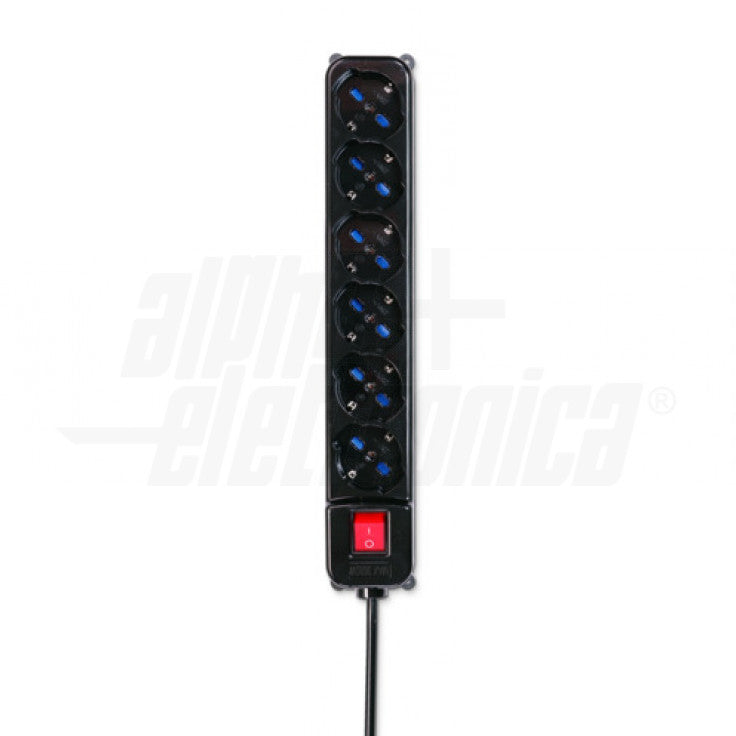 MULTIPRESA CON 6 PRESE Universali Italia P40 - Interruttore - Cavo 1,5m - Spina 16A a 90° - Nera