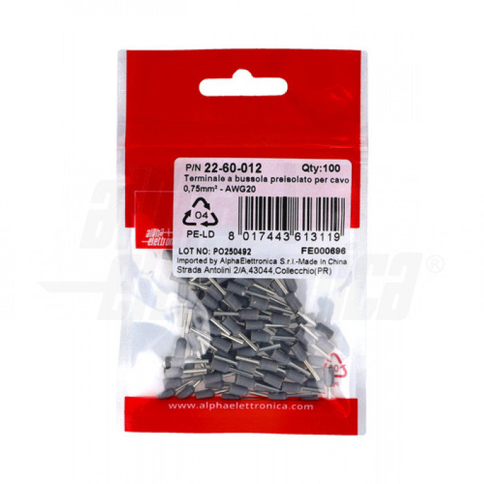TERMINALI A BUSSOLA PREISOLATO PER CAVO 0,75mm² - AWG20 - Grigio - conf. 100 pz