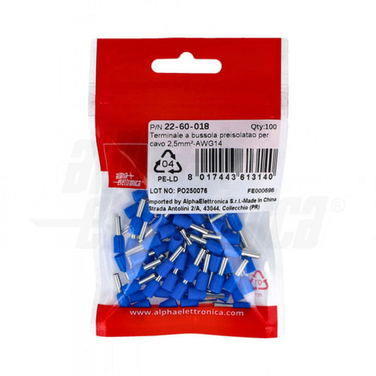 TERMINALI A BUSSOLA PREISOLATO PER CAVO 2,5mm² - AWG14 - Blu - Conf. 100PZ