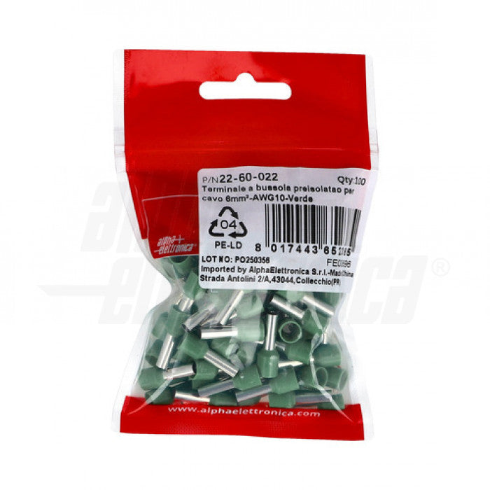 TERMINALI A BUSSOLA PREISOLATO PER CAVO 6mm² - AWG10 - Verde - Conf. 100PZ