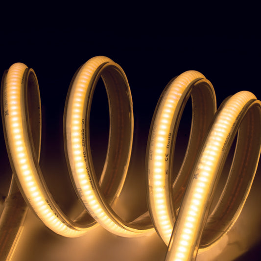 STRISCIA LED COB, IP65, 220Vac-240Vac 14W/m, L.CALDA 3000K±5%, 1200lm/m, 5m