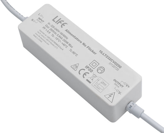ALIMENTATORE NO FICKER PER STRIP LED 230V~ Serie 16.LT2325*, IP20, Out: 256Vdc 0,95A 250W, In: 230Vac 50Hz,PF > 0.9
