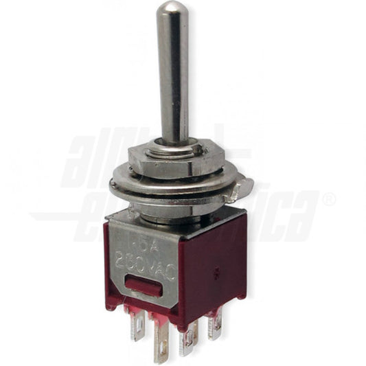 INTERRUTTORE DEVBIATORE SUBMINIATURA 2P -DPCO - ON/OFF/ON - 1.5A@250V - 6 TERM.A SALDARE