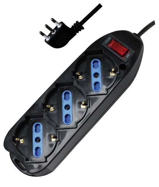 MULTIPRESA 3PR. SCHUKO/BIPASSO - SP.16A 90° + INTER. con Protezione da Sovraccarico, 3500W, NERA