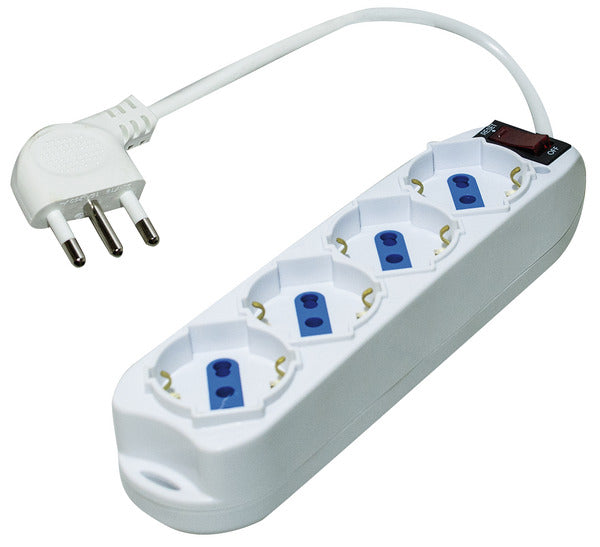MULTIPRESA 4PR. SCHUKO/BIPASSO - SP.16A 90° + INTER. con Protezione da Sovraccarico, 3500W, Cavo 3m