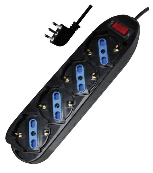 MULTIPRESA 4PR. SCHUKO/BIPASSO - SP.16A 90° + INTERRUTORE CON PROTEZIONE DA SOVRACARICO, 3500W, NERA