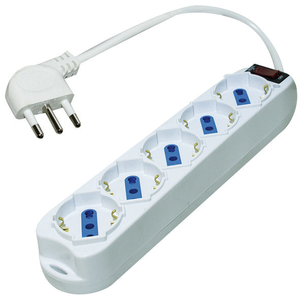 MULTIPRESA 5PR. SCHUKO/BIPASSO - SP.16A 90° + INTER. con Protezione da Sovraccarico, 3500W, Cavo 3m