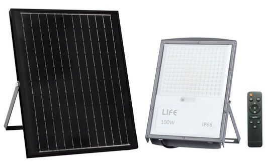 PROIETTORE LED DA ESTERNO FB4-100, IP66, 90°,3000K/4000K/6500K, LM1500, CRI80, Dimmerabile, P.Solare 15W, Batt.3,2V 12Ah, 280x196x30mm