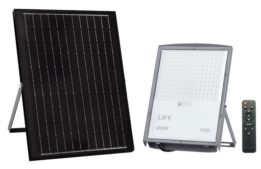 PROIETTORE LED FB4-200, IP66, 90°,3000K/4000K/6500K, LM2400, CRI80, Dimmerabile, Pannello Solare 20W, Batt.3,2V 18Ah, 350x245x30mm