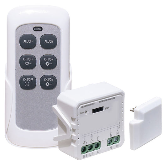 KIT Modulo 1CH Relè ON/OFF uscita 230V~, 250W LED, 2300W Incandescenza, Wireless+RF 2,4GHz, pulsante/interruttore cablato, con ricevitore e radiocomando, In. 230V~, Serie Smart LIFE V1.