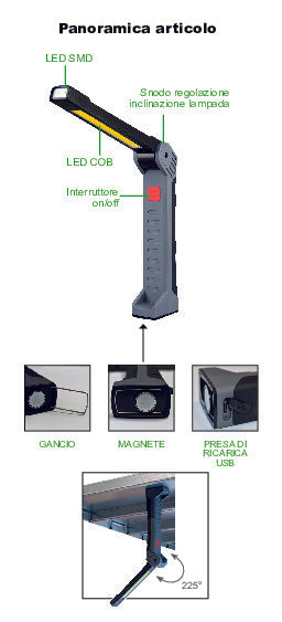 LAMPADA DA LAVORO LED COB 5+2W, 400+120LM, BAT.RICARICABILE Li-ION 1200mAh, CON CAVO USB-C