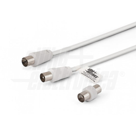 CAVO DA SPINA TV COASSIALE DIAM.9,5mm A PRESA DIAM. 9,5mm - CON ADATTATORE M/M BIANCO - 2MT