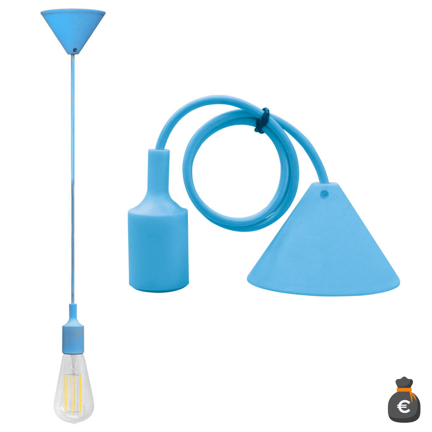 PENDENTE SOFFITTO CON CAVO+PORTALAMPADA E27 AZZURRO