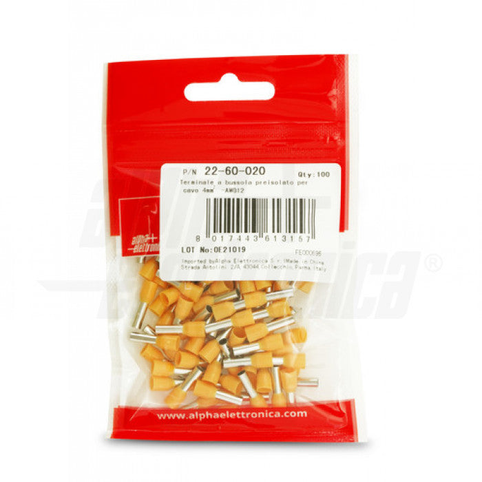 TERMINALI A BUSSOLA PREISOLATO PER CAVO 4mm² - AWG12 - Arancione - Conf. 100PZ