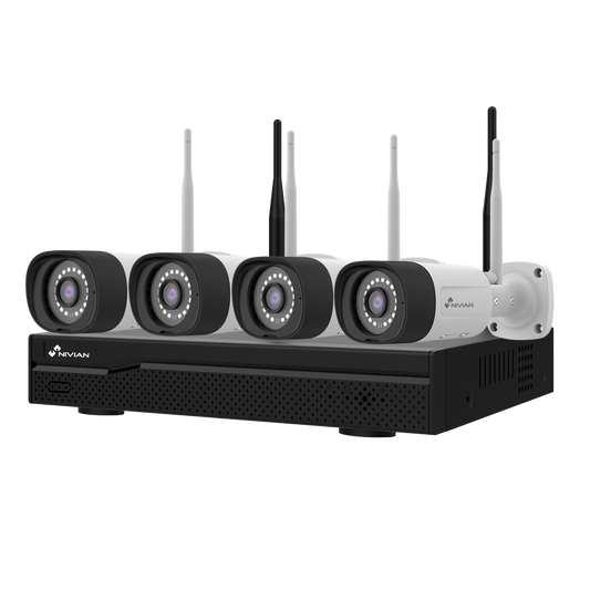 Kit TVCC WiFi Nivian NVR 10 canali 4 telecamere 3 Mp prereg. Adatte per uso esterno IP66 Spazio per 1 Hard Disk App e Software Eseecloud