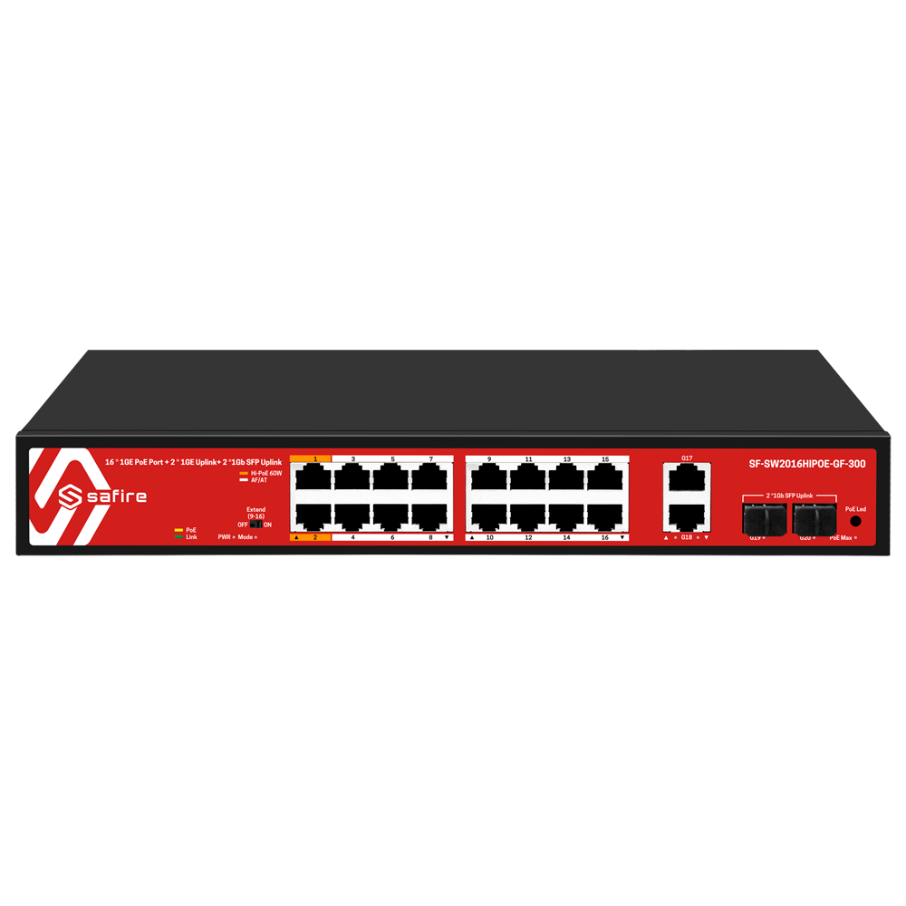 SWITCH HI-POE 16 porte GE PoE + 2 SFP + 2 RJ45 14 Porte PoE+ 30W + 2 Porte Hi-PoE 60W PoE Watchdog Fino a 285W Potenza PoE totale